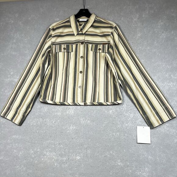 Liz Claiborne Striped Jean Jacket Large Beige Tan Gray Unlined Yoke Pockets - Picture 1 of 13